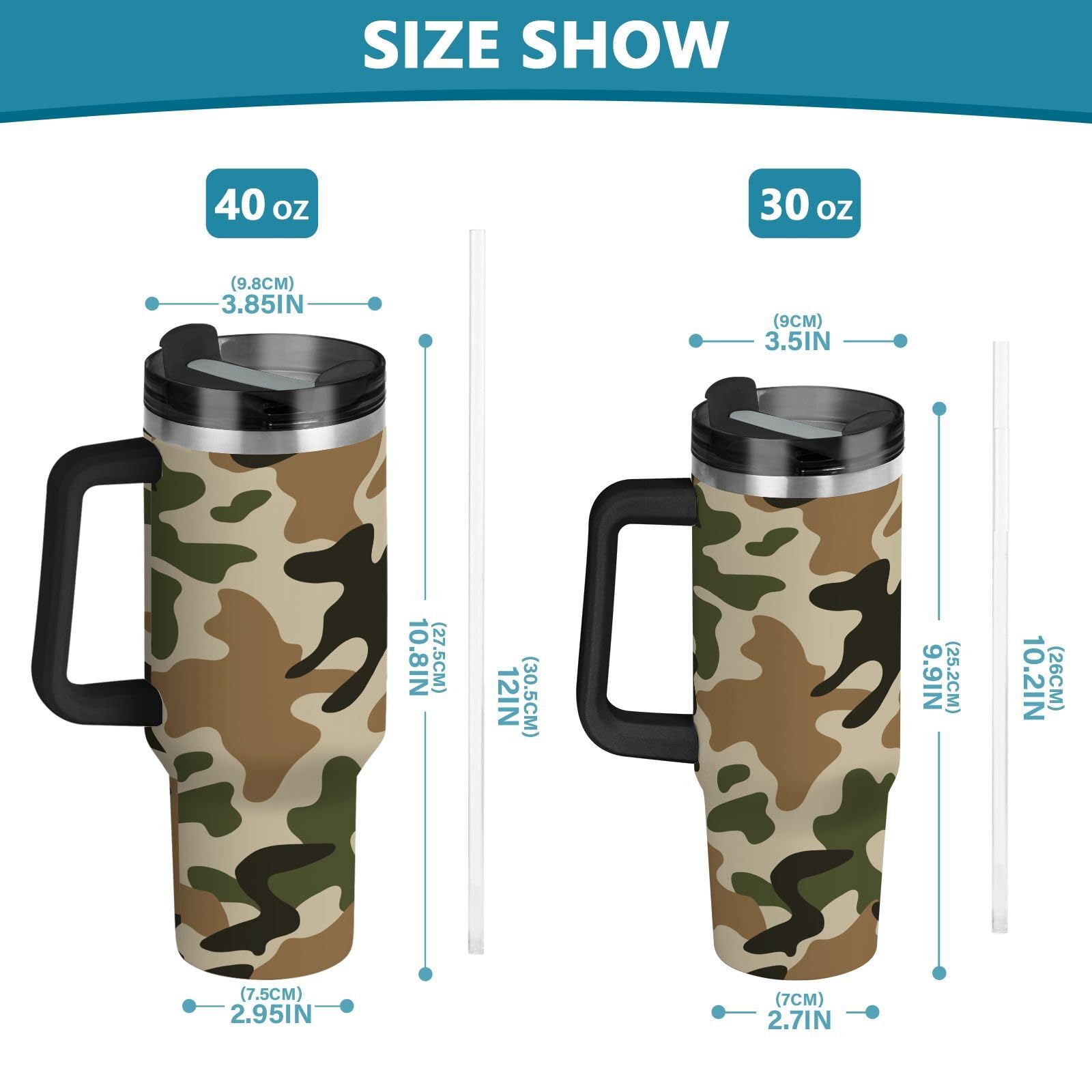 Isolierter Trinkbecher, doppelwandig, Edelstahl, Thermobecher, Reisebecher mit Griff, Strohhalm-Deckel, Camouflage, Grün