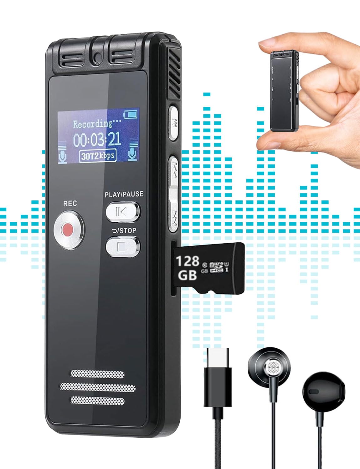 128GB Digital Voice Activated Recorder with Playback - 9104 Hours Audio Device, 3072 Kbps HD and Noise-Canceling Voice-Activated Recording for Lectures/Meeting