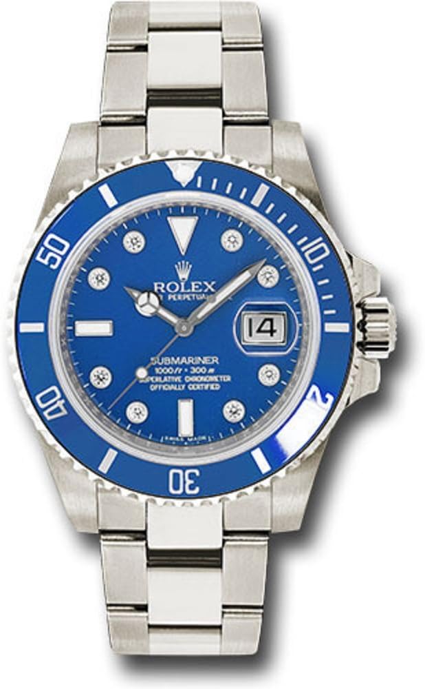 Rolex Oyster Perpetual 40MM 18K White Gold Submariner Date Blue Time Lapse Cerachrom Bezel, Blue Dial, 8 Diamond Hour Markers, and Oyster Glidelock Bracelet.