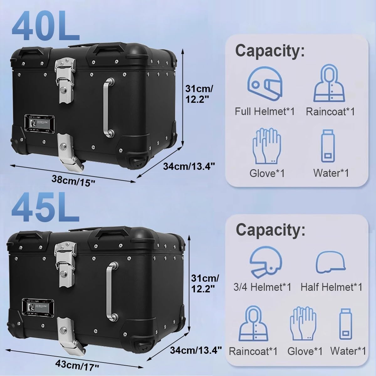 Top Case Moto avec dosseret,Coffre supérieur 40L 45L pour Moto,Valise arrière pour Moto,Coffres Moto pour Rangement Casques,Coffre en Aluminium Noir/Blanc avec Dossier(Black,40 L)