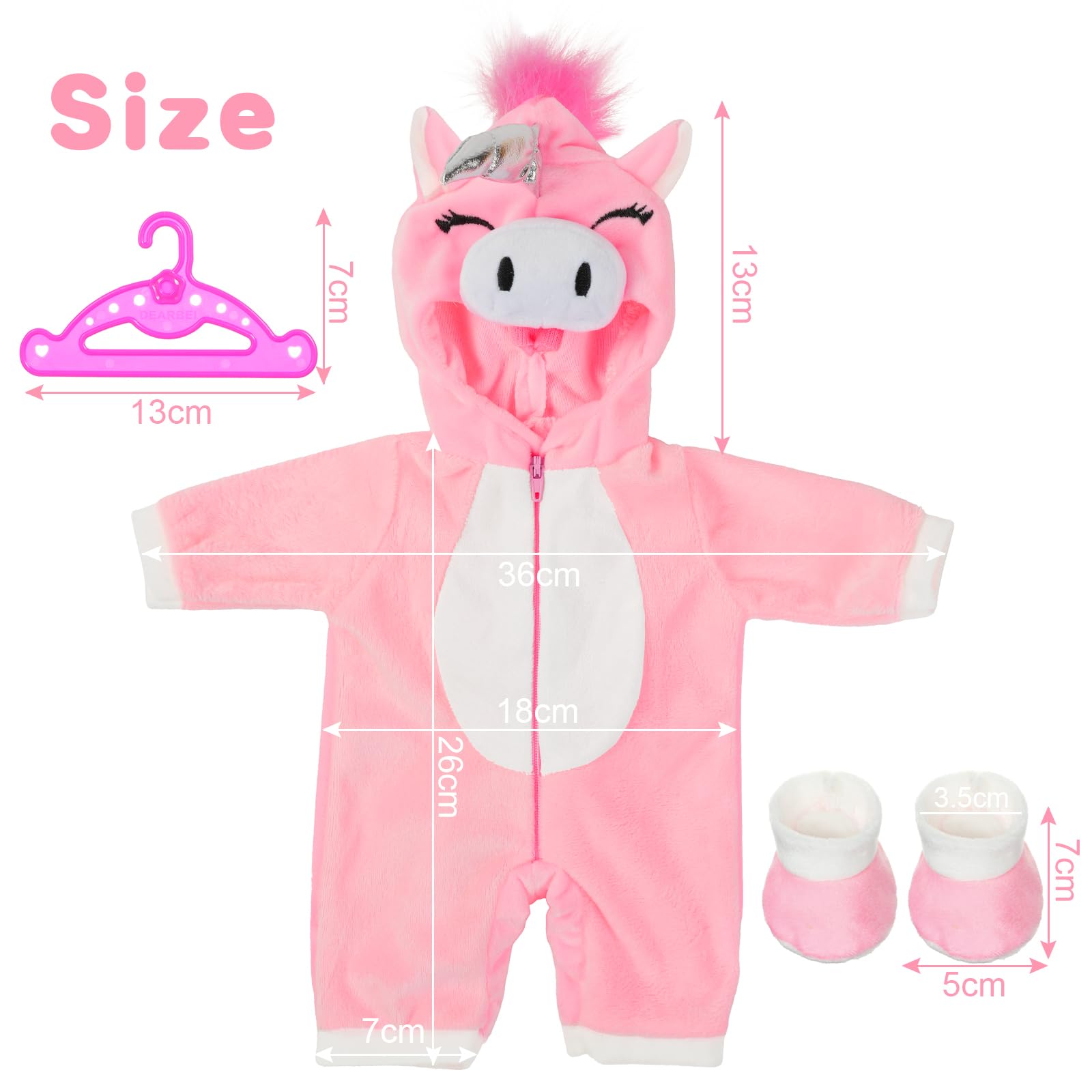 Aolso Vestiti per Bambole per New Born Baby Doll, Abiti per Bambolotti 35-45CM 18" , Pagliaccetti Stampa con Cappello, con 1 paio di Calzini e 1 Gruccia, Unicorno Rosa(Bambola non Inclusa)