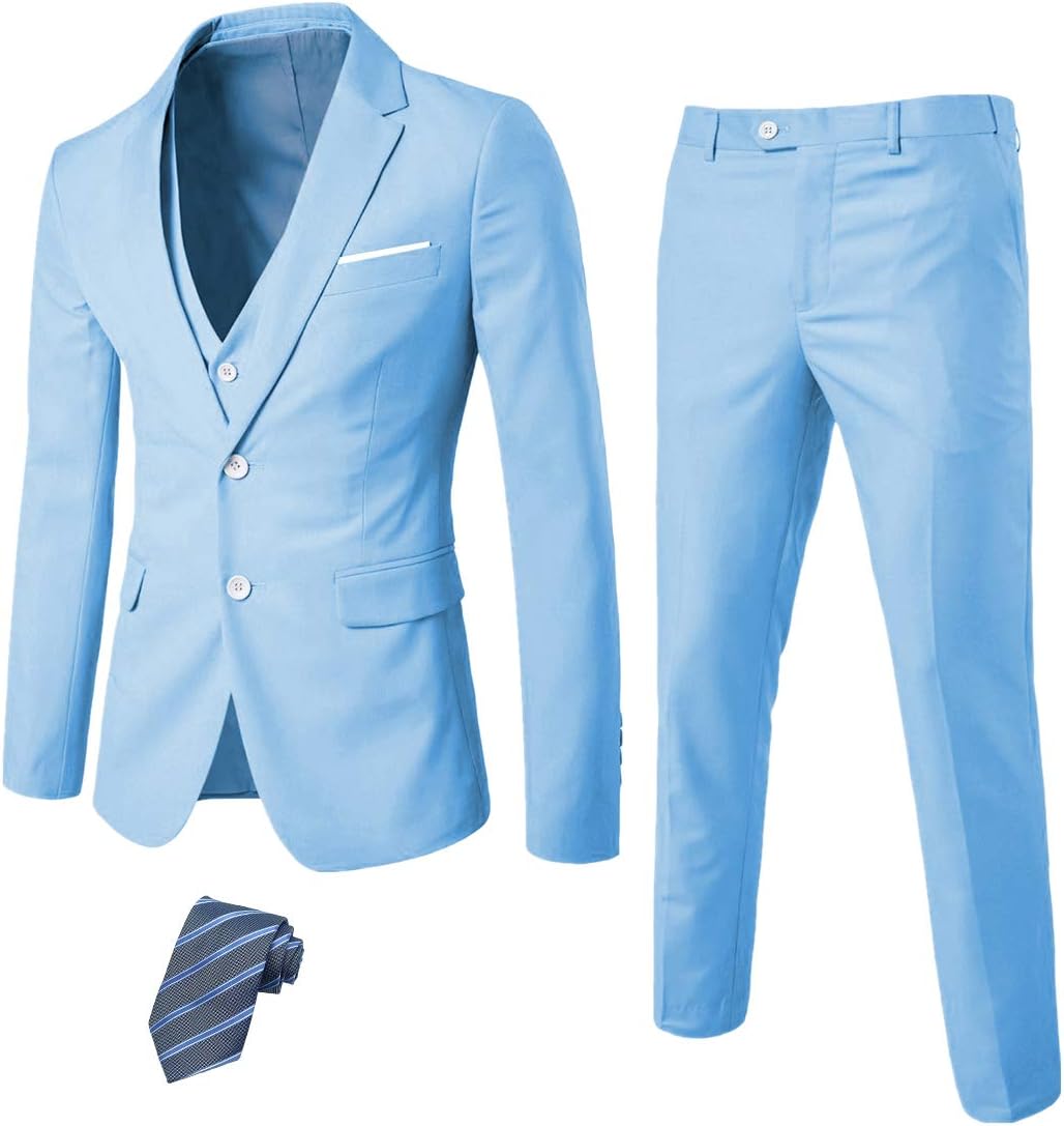 MY'SMen's 3 Piece Slim Fit Suit Set, 2 Button Blazer Jacket Vest Pants with Tie, Solid Wedding Dress Tux and Trousers