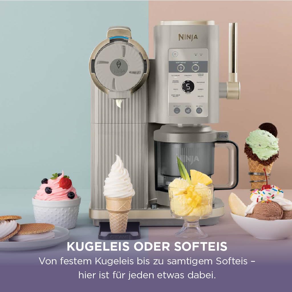 Ninja CREAMi NC701EUSTGD Eismaschine 2 Behälter 13 Funktionen Eiscreme Softeis Gelato Sorbet Milchshakes Mix-In Stone Gold