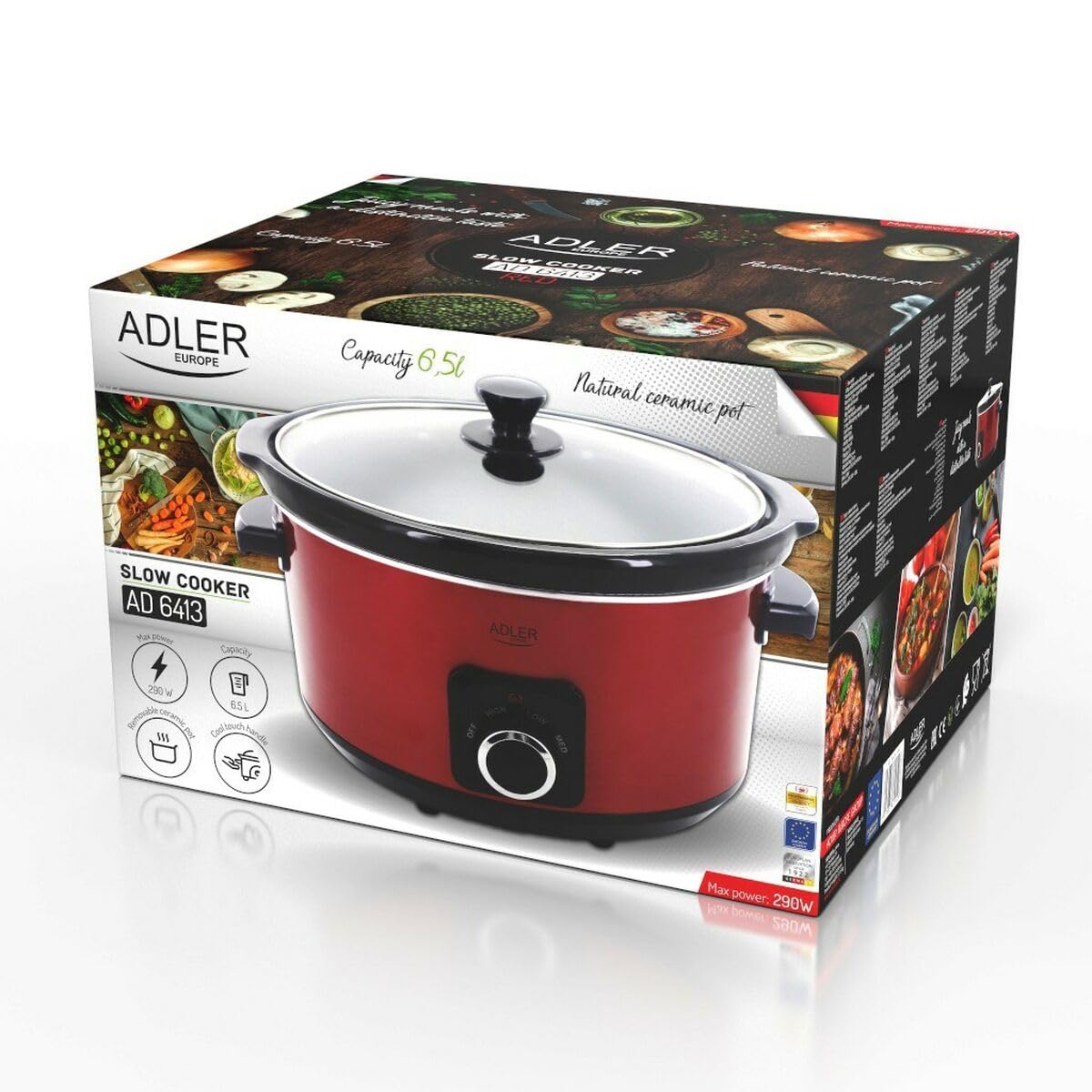 Adler - Slow Cooker - Schongarer - Entnehmbarer Keramiktopf - 5,8 L - Hitzebeständige Tragegriffe - Glasdeckel - 3 Kochstufen - Spülmaschinenfest - Edelstahlgehäuse