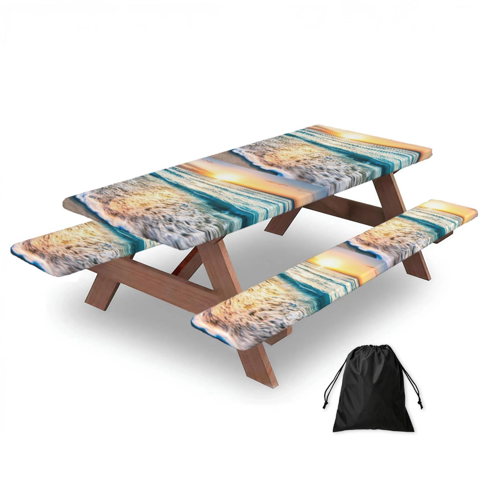 Yqxwjl Black Beach Sunset Ocean Waves Print Camping Essentials Waterproof Camping Table And Bench Cover With Drawstring Bag 183 Cm