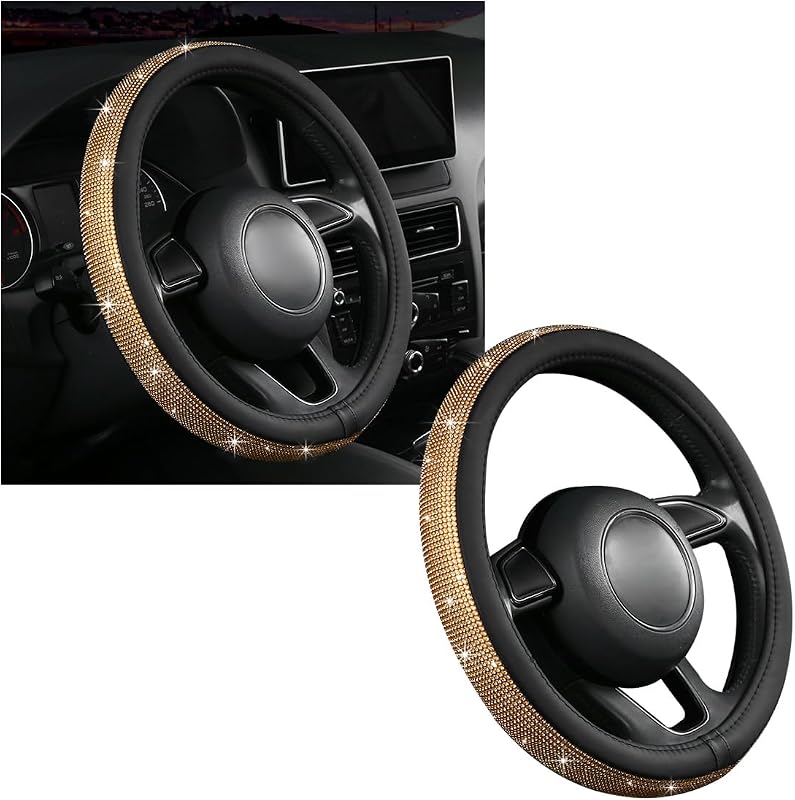 Ziciner Steering Wheel Cover, Bling Crystal Rhinestones Auto Wheel Protector, Sparkly Cover Universal Fit Diverse 14.5-15 inch Steering Wheel, Interior Decor Car Accessories (Golden)