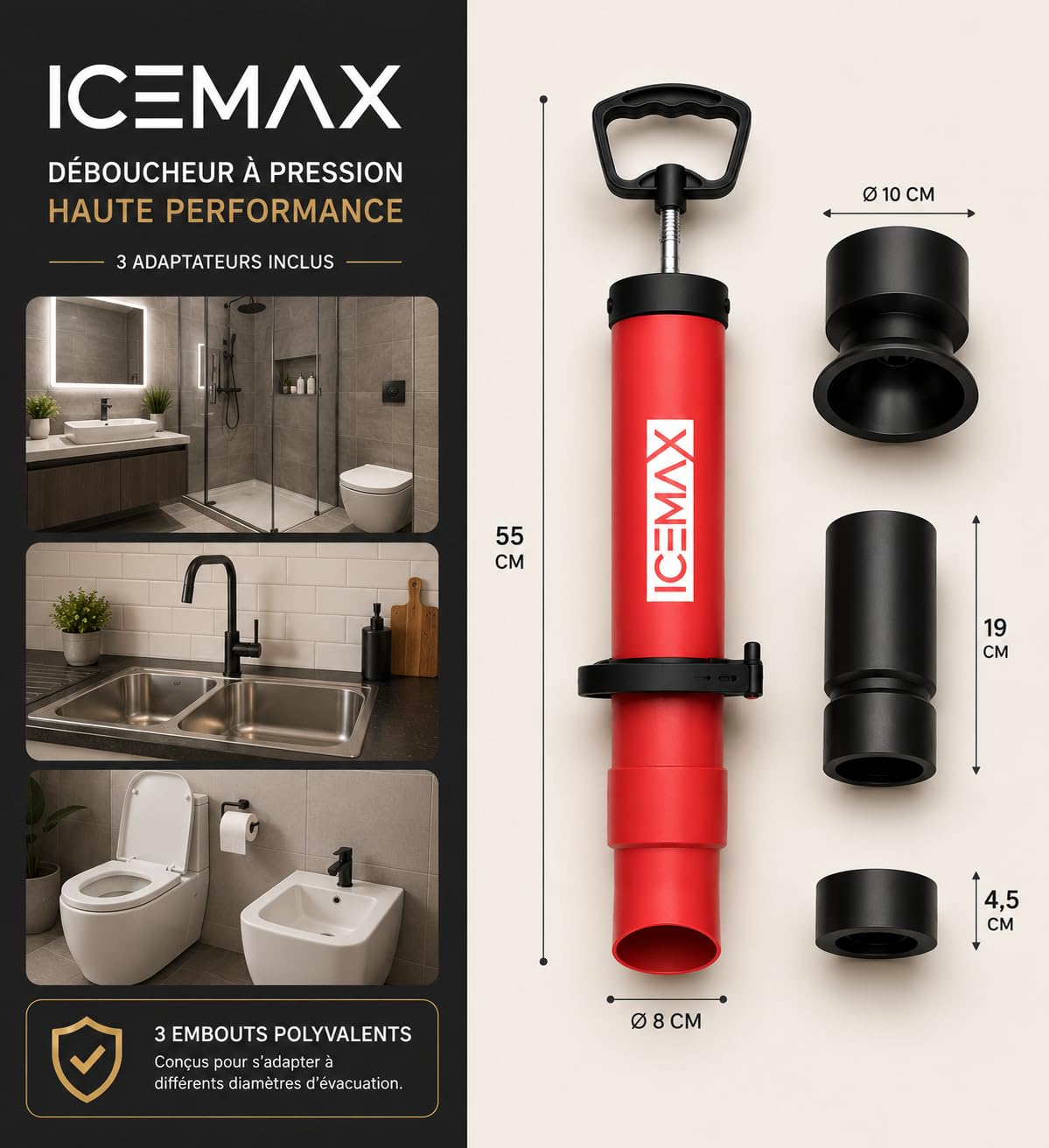 ICEMAX® Déboucheur canalisation WC EVIER DOUCHE avec 3 têtes Marque Francaise I déboucheur wc I déboucheur canalisation professionnel I deboucheur canalisation haute pression I Ventouse déboucheur