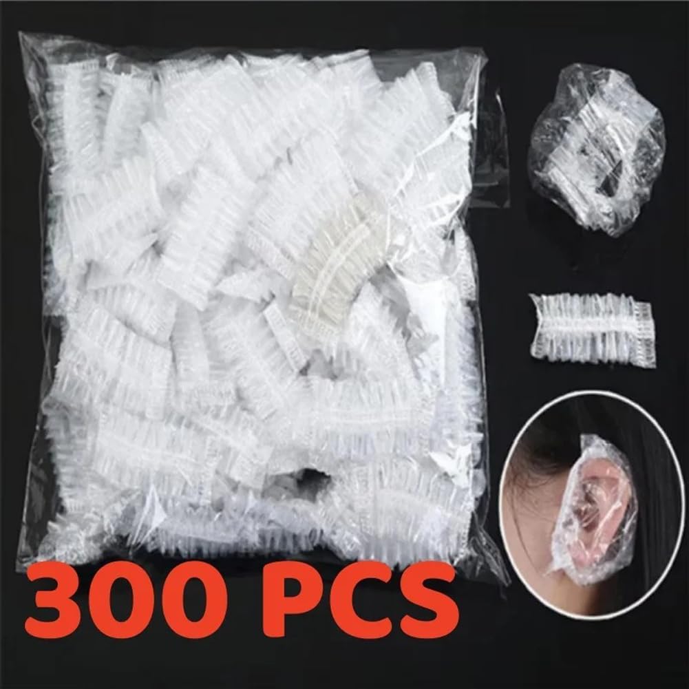 300Pcs Clear Plastic Ear Protector Disposable Elastic Shower Cap | Transparent Ear Cover, Stretch To 4.72in, Double-Seam Elastic Band, Unisex for Salon, Barber, Hotel, Travel, Daily Bath