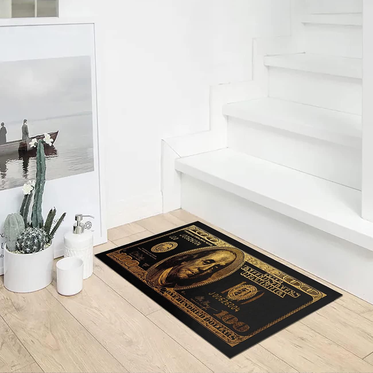 GUBIYU Black Bathroom Rug Runner - Money Bills Design, Non-Slip, Water Absorption, Modern Style, Black & Gold - 24" x 36"