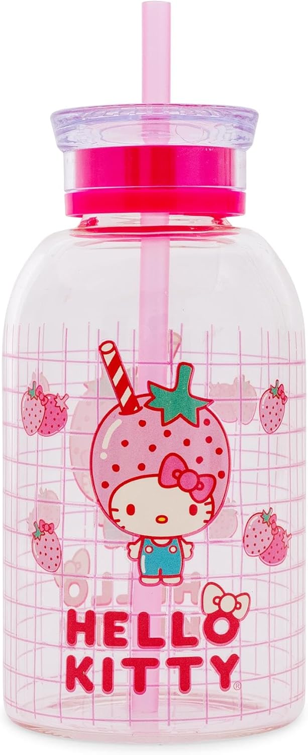 Silver Buffalo Sanrio Hello Kitty Strawberry Milk Grid Glass Milk Bottle with Straw, 15 Ounces