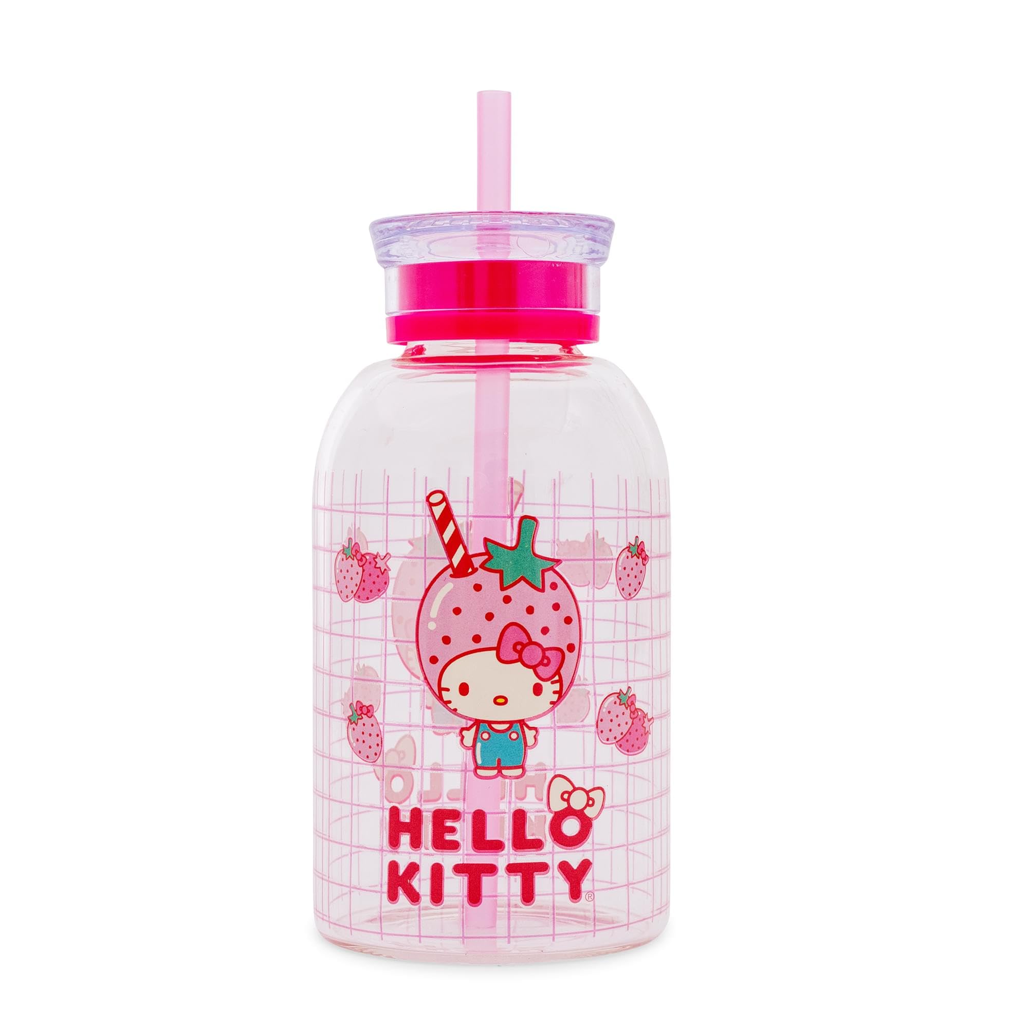 Silver Buffalo Sanrio Hello Kitty Strawberry Glass Milk Bottle with Straw, 15 Ounces