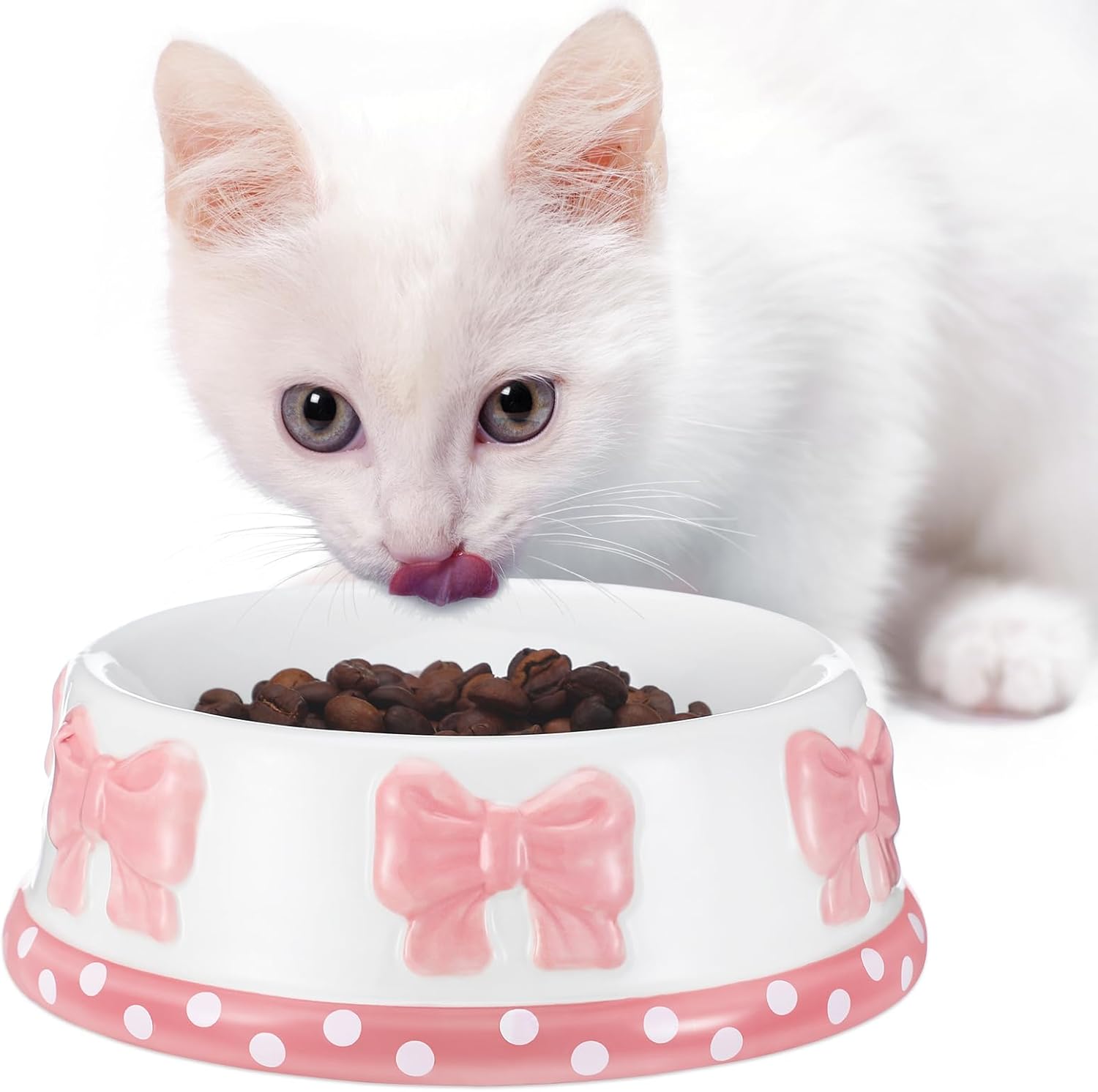 Reallnaive Pink Bow Ceramic Bowl for Small Dog and Cat Cute Bowtie Pet Bowl for Food Water Macaron Pink Dish Pets Feeding Bowls Suitable for Small Cat Dogs(1 Pcs)