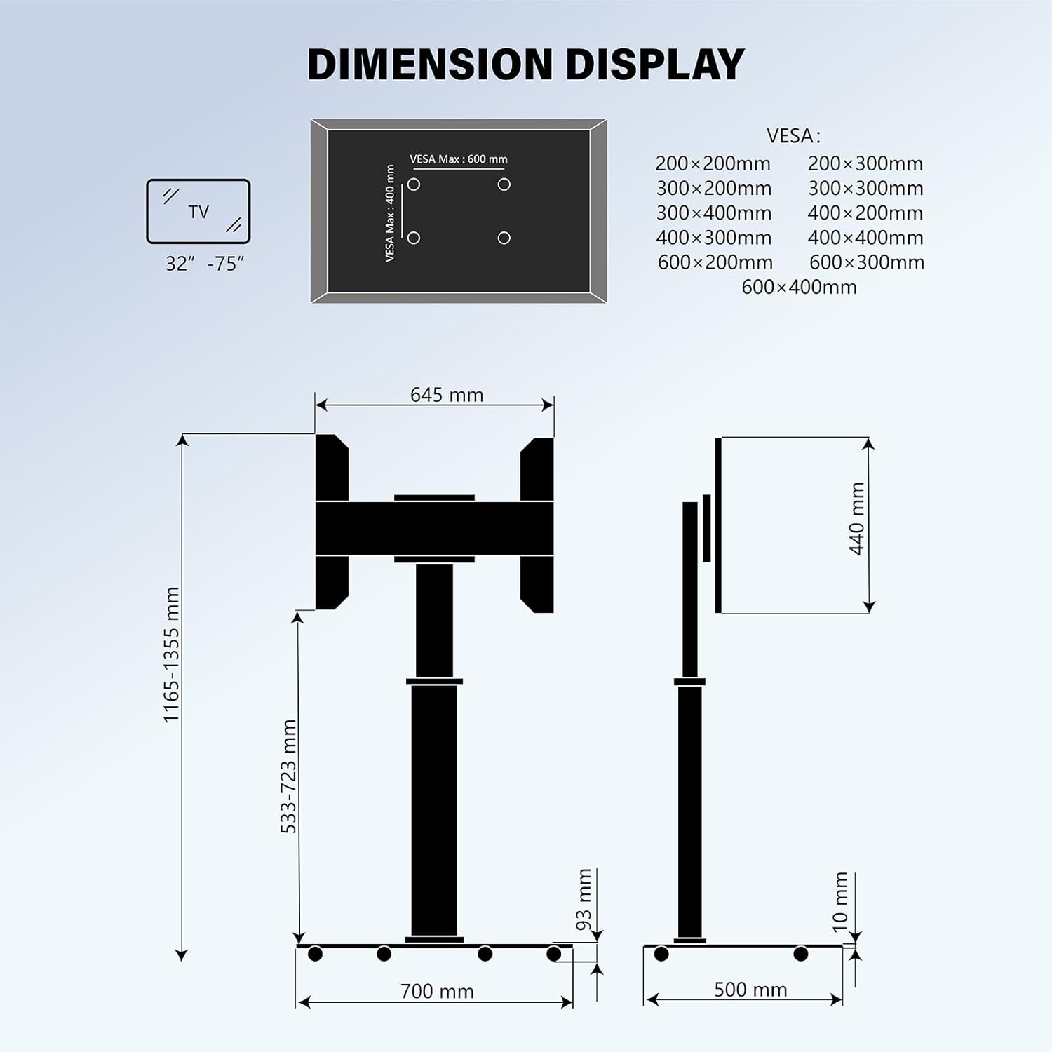 Dimension display of the TV stand, showing VESA mounting points and overall height and width measurements.
