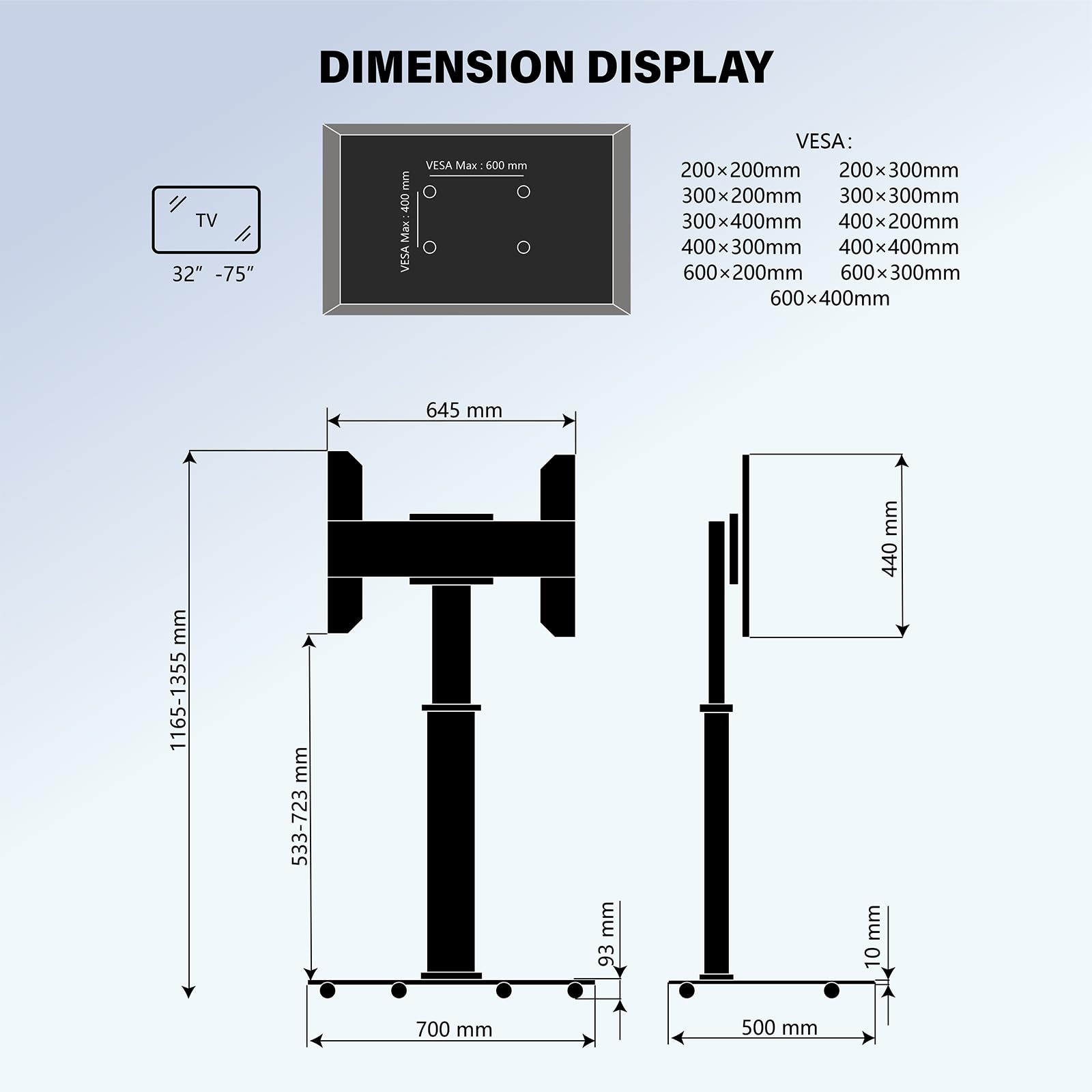 Proton 100 mobiler TV Ständer, rotierbar, Steckdosen, USB-Ports, Höhe VESA 135cm, Hoch- Querformat 32-75 Zoll 40 kg Alu Schwarz