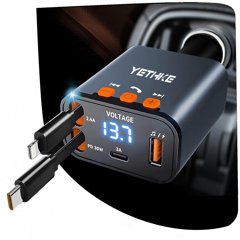 Adaptador Bluetooth automotivo YETHKE com transmissor FM, carregador retrátil 4 em 1 de 69 W, Bluetooth 5.4 e ajuste de 180°