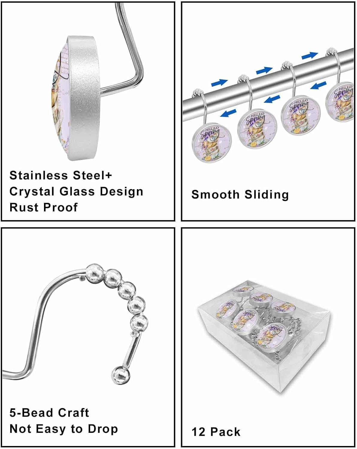 Shower Curtain Hooks 12 Pcs, Hello Spring Retro Tea Cup Lavender Flowers Butterfly Purple Stainless Steel Rust Proof Rolling Shower Curtain Rings, Decorative Shower Curtain Hooks Hangers for Bathroom