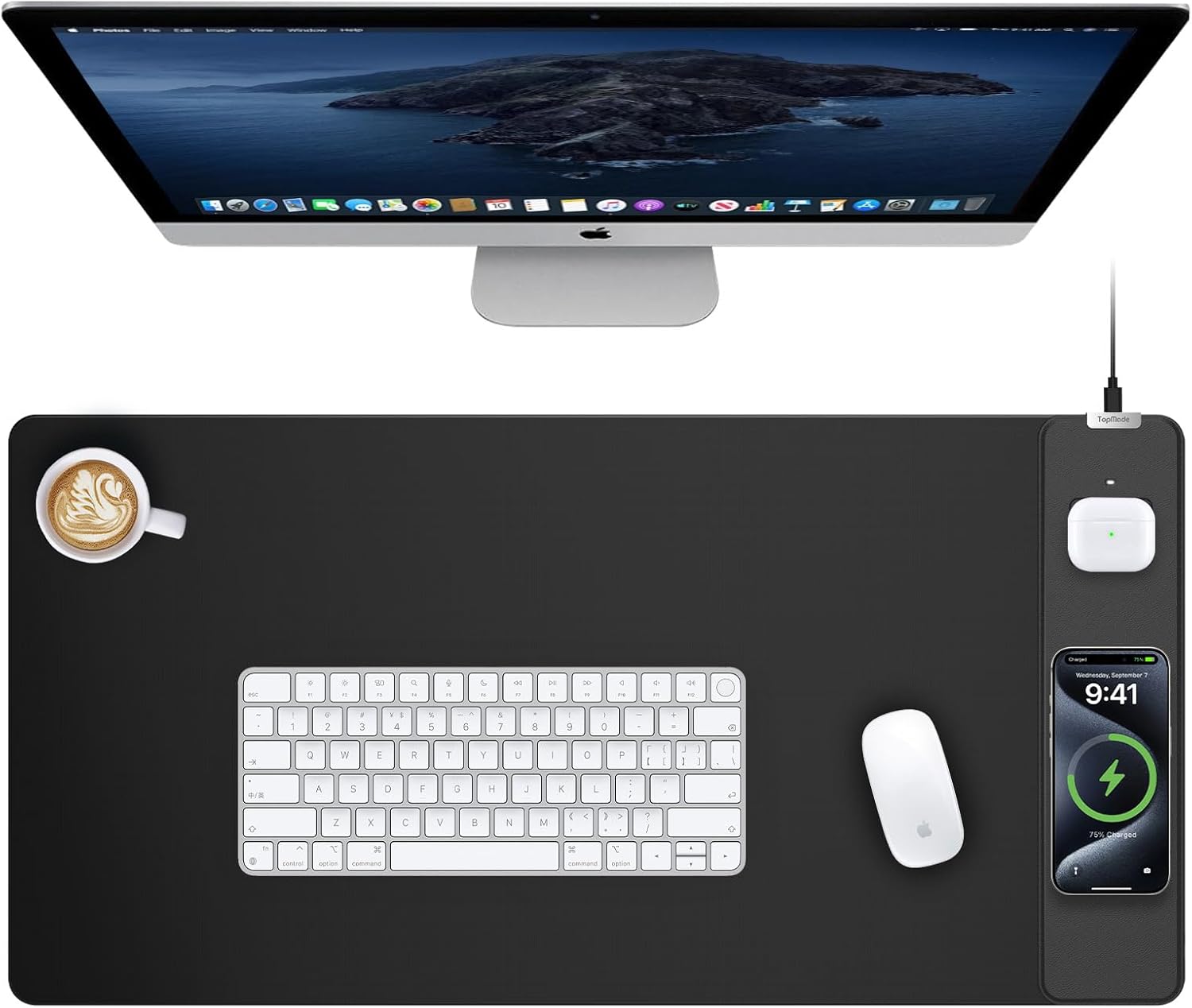TopMade Mouse Pad with 15W Wireless Charging, Gaming Mousepad Home Office Large Desk Pad with Ultra-Smooth Surface, Non-Slip Base, Waterproof Keyboard Pad, Classic Black Desk Mat