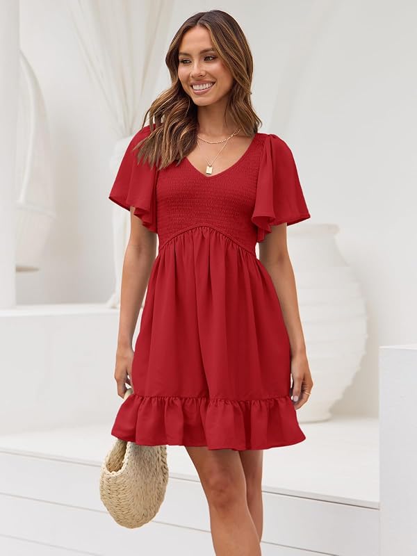LILLUSORY Women's Flowy Casual Mini Dresses 2026 Summer Graduation Smocked V Neck Vacation Dress Dress with Pockets Red L by LILLUSORY - Used condition - Image 3