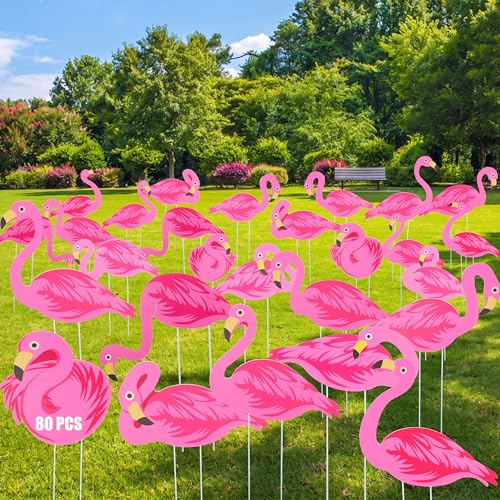 Yuntau 80 Pcs Pink Flamingo Yard Signs with 160 Stakes