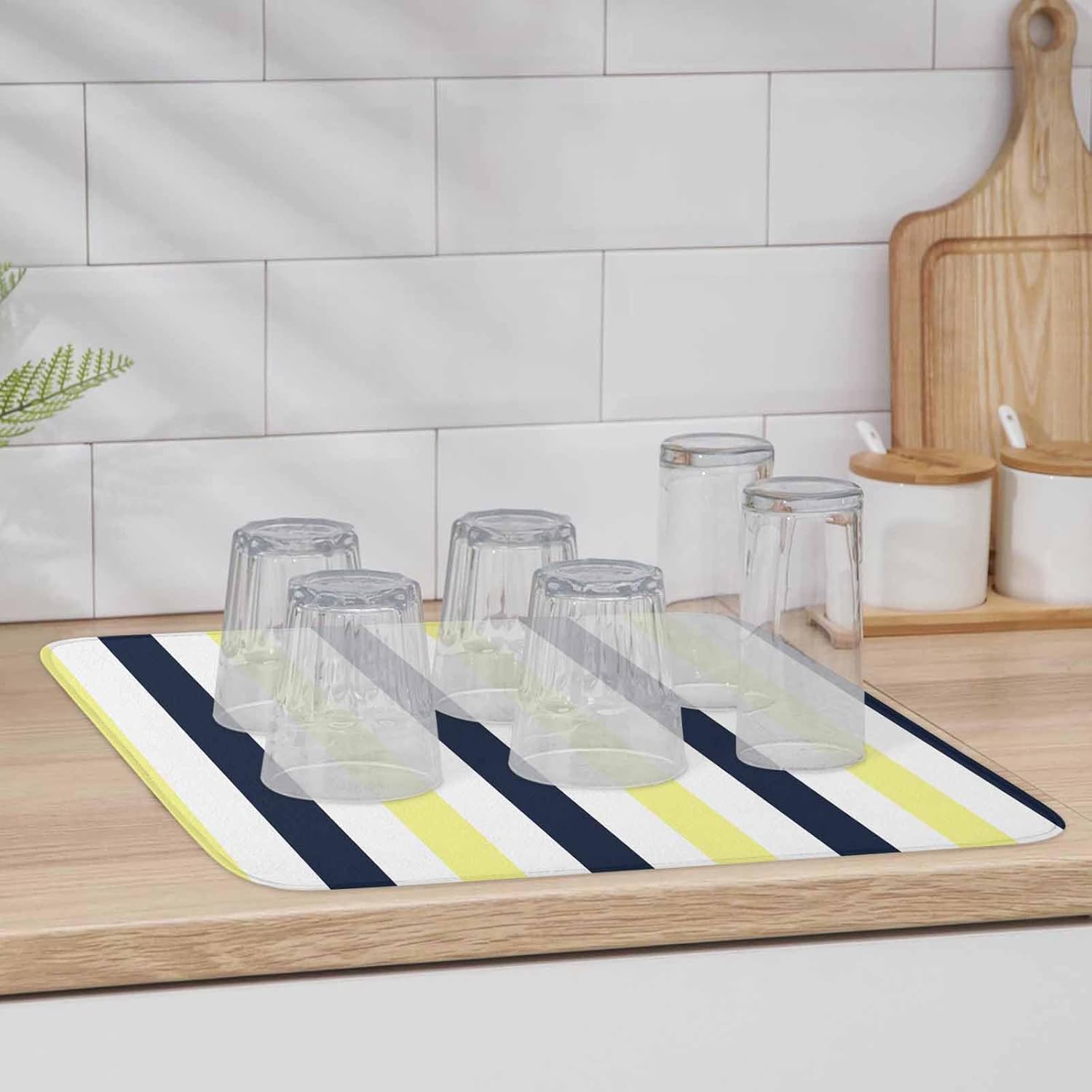 Dish Drying Mat Set of 2 Navy Blue Yellow Microfiber Absorbent Reusable Washable Dish Drying Rack Mat Contrast Stripes Coffee Mat for Coffee Maker Bar Kitchen Countertops 16x18inch