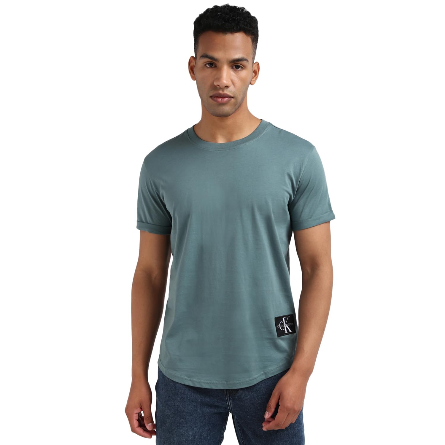 Calvin Klein Men's Badge Short Turn Up Sleeve Round Neck T-Shirt, Turquoise (North Atlantic), XXS