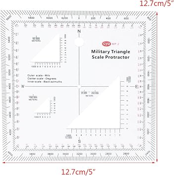 Protractor Practical Military Style Topographical Map Scale MGRS USNG Military Coordinate Scale for Sea/Land Navigation Adventures, 127x127mm