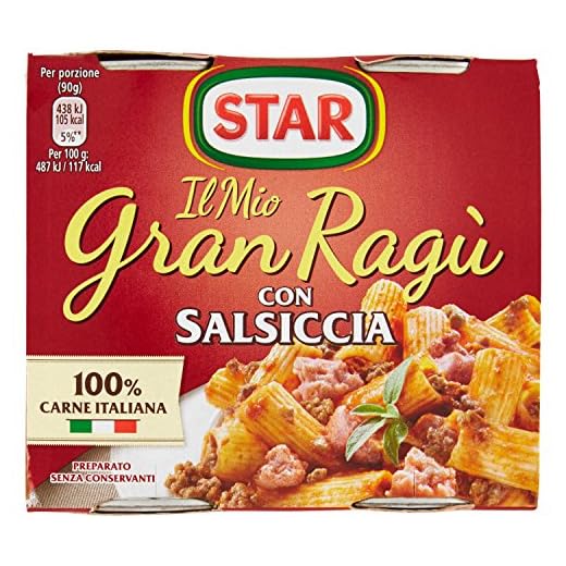 Star Il Mio GranRagù con Salsiccia, 2 x 180g, ragù tradizionale, 100% carne italiana controllata, con un tocco di pregiato Montepulciano d'Abruzzo Doc. Senza conservanti e senza glutine.