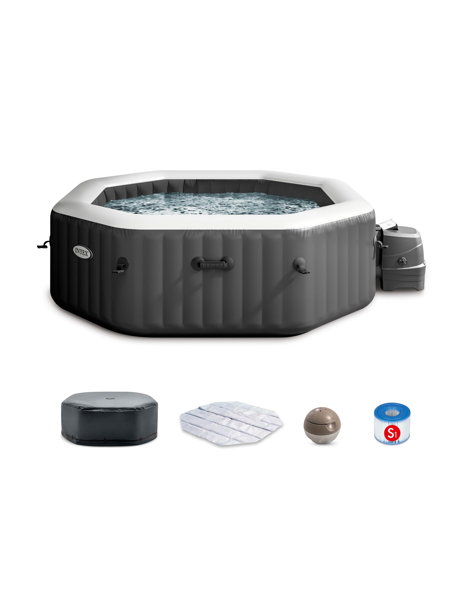 INTEX 28437EP PureSpa Bubble Deluxe Spa Set: Includes Energy Efficient Spa Cover – 140 Bubble Jets – Octagonal Design – 6 Person Capacity – 83" x 83" x 28"