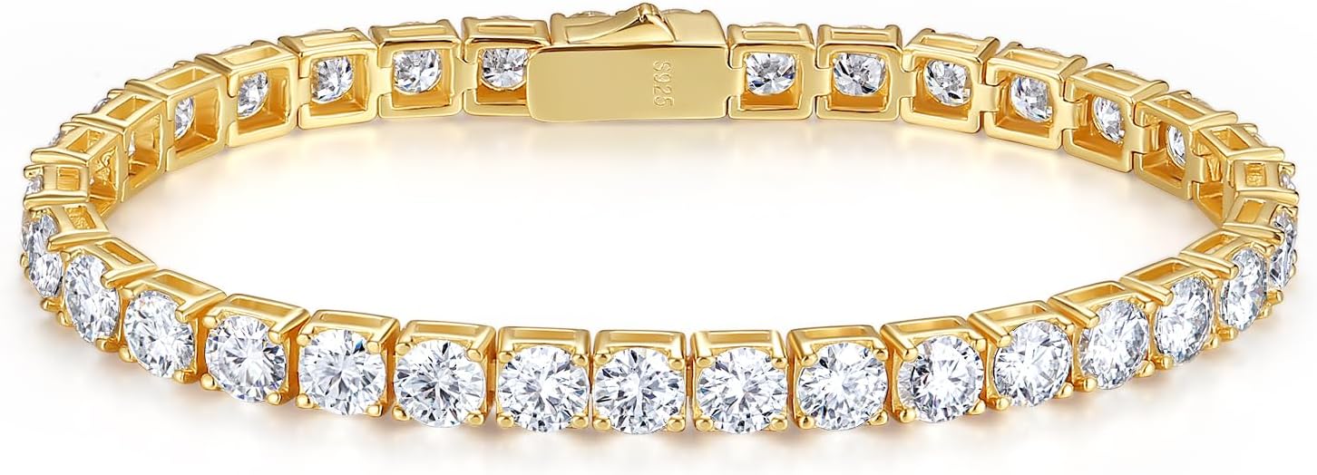 FANCIME Moissanite Tennis Bracelet 15.5 CT 18K Gold Plated 925 Sterling Silver 5mm D Color VVS1 Round Cut Moissanite Bracelet for Women 6.5"