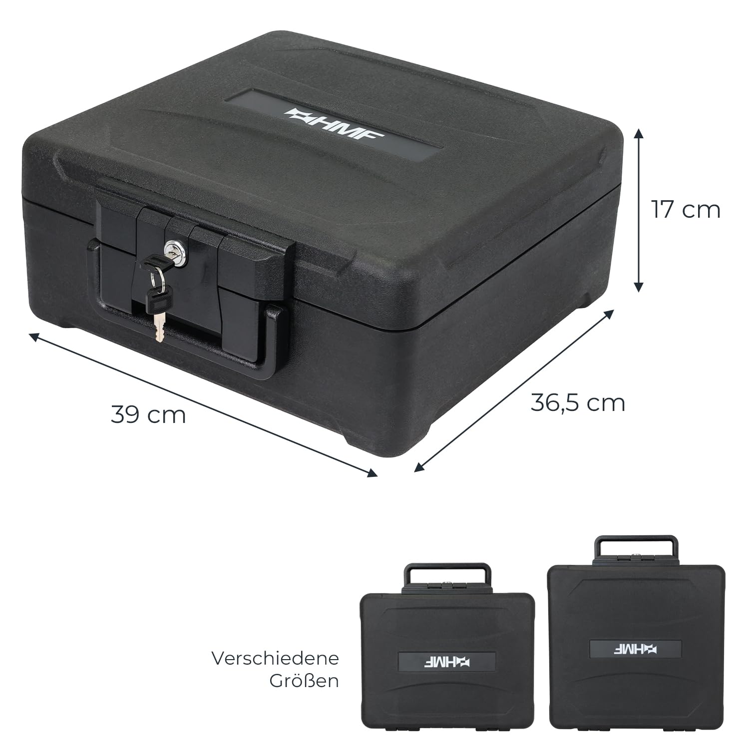 HMF Feuerfeste Dokumentenbox DIN A4 Ordner, wasserdichte Geldkassette abschließbar | 39 x 40 x 17 cm | Schwarz