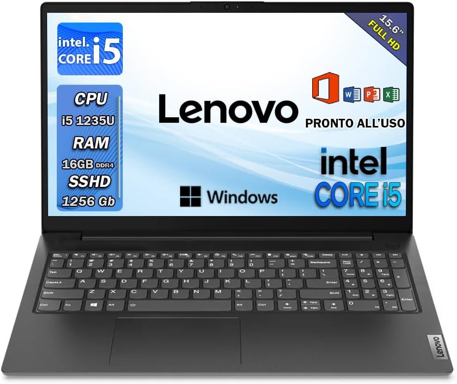 Lenovo Notebook | Pc portatile intel core i5 1235U | 16gb Ram ddr4 | Display 15.6 Full Hd | SSHD 1256 Gb | Wi fi, Bt , Windows 11 Pro | Office Pro , Computer portatile pronto all’uso Lenovo Notebook | Pc portatile intel core i5 1235U | 16gb Ram ddr4 | Display 15.6 Full Hd | SSHD 1256 Gb | Wi fi, Bt , Windows 11 Pro | Office Pro , Computer portatile pronto all’uso