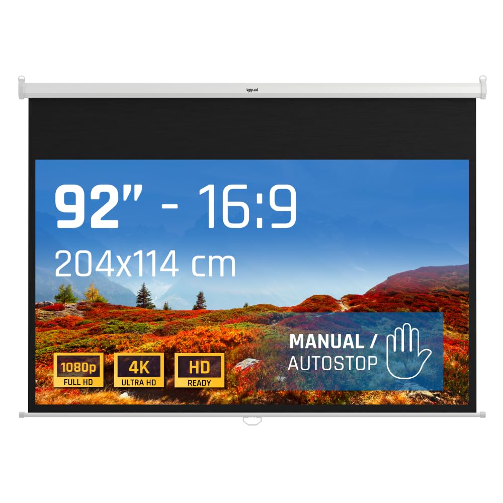 iggual Pantalla Proyección 92" Pulgadas- Enrollable Manual Panorámico- Formato 16:​9- Ángulo Visión 180º- Altura Ajustable- Apto Pared/​Techo- Compatible 4K y Cualquier Proyector, (203x114 cm)