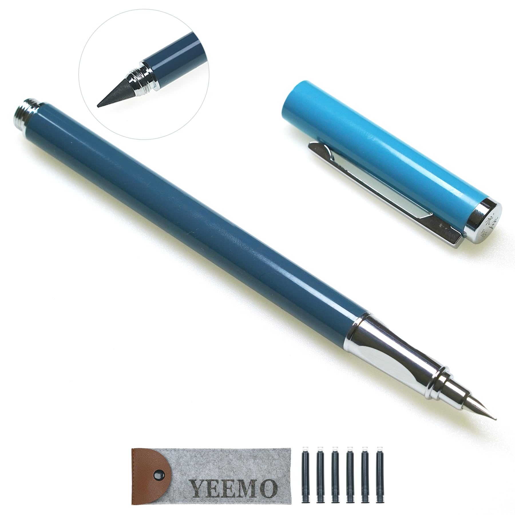 YEEMO 2-in-1 Fountain Pen & Infinite Pencil – Dual-End Pen with 0.38 mm Extra Fine Nib, Converter, 6 Ink Cartridges & Pouch, Fancy Pens for Work &