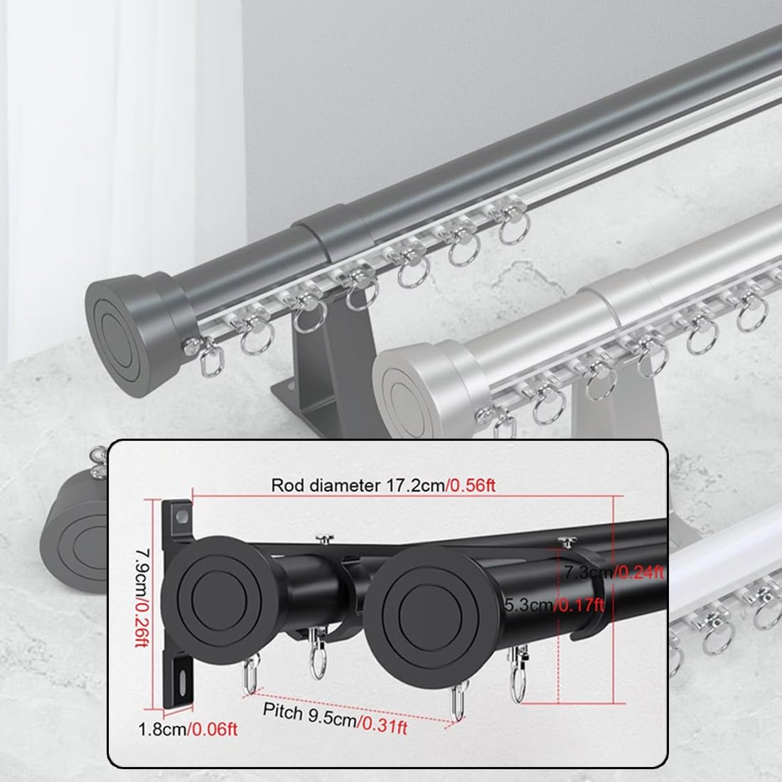 Podwójny uchwyt ścienny ain Track System rzymski pręt szyna ze stopu aluminium do salonu sypialni patio - czarny suwak 4,4 m gładkie ślizganie