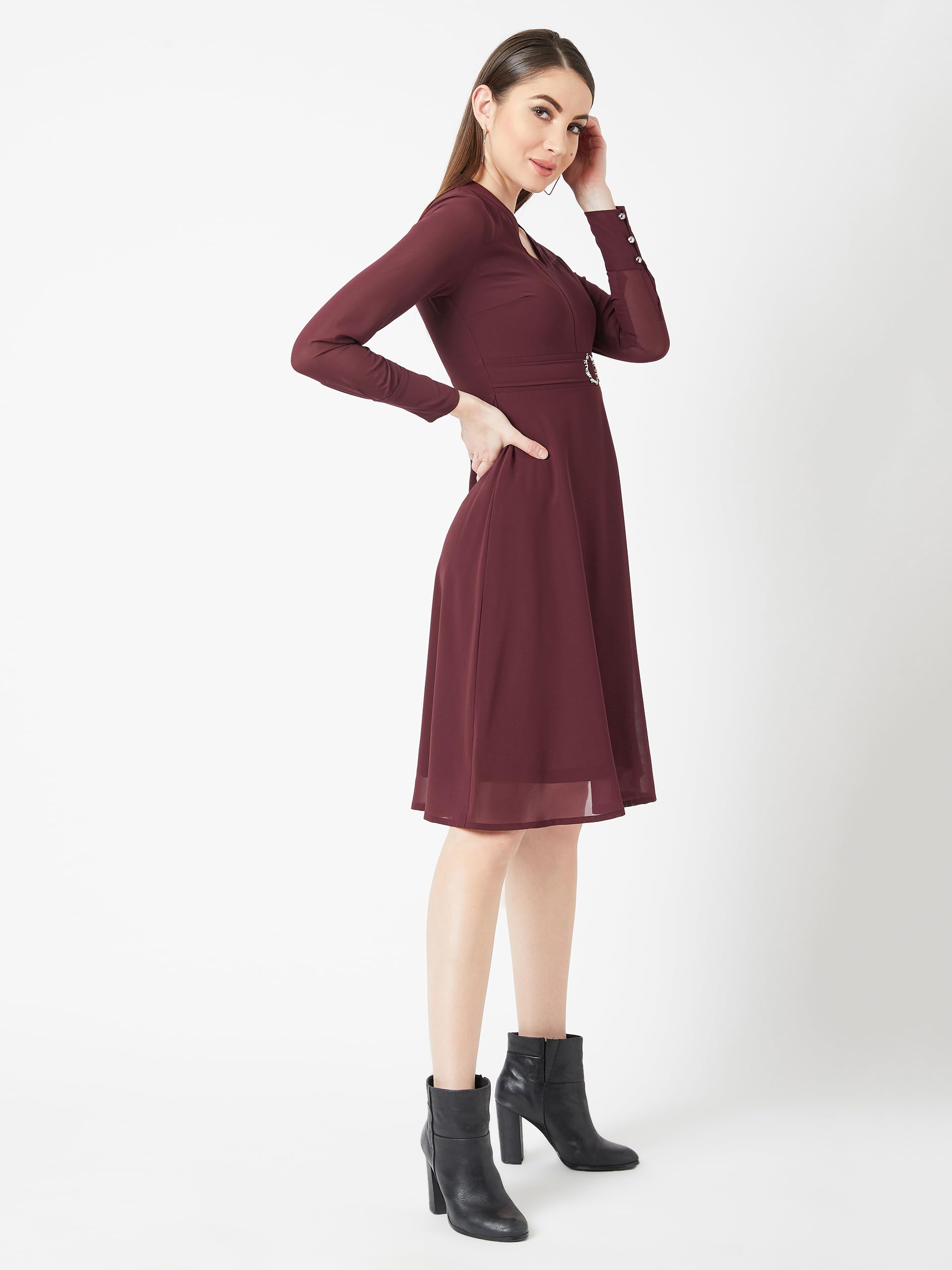 Miss Chase Women's Wine Red V-Neck Full Sleeve Solid Fit & Flare Midi Dress(Mcss20D14-39-184-06_Maroon_Xl)