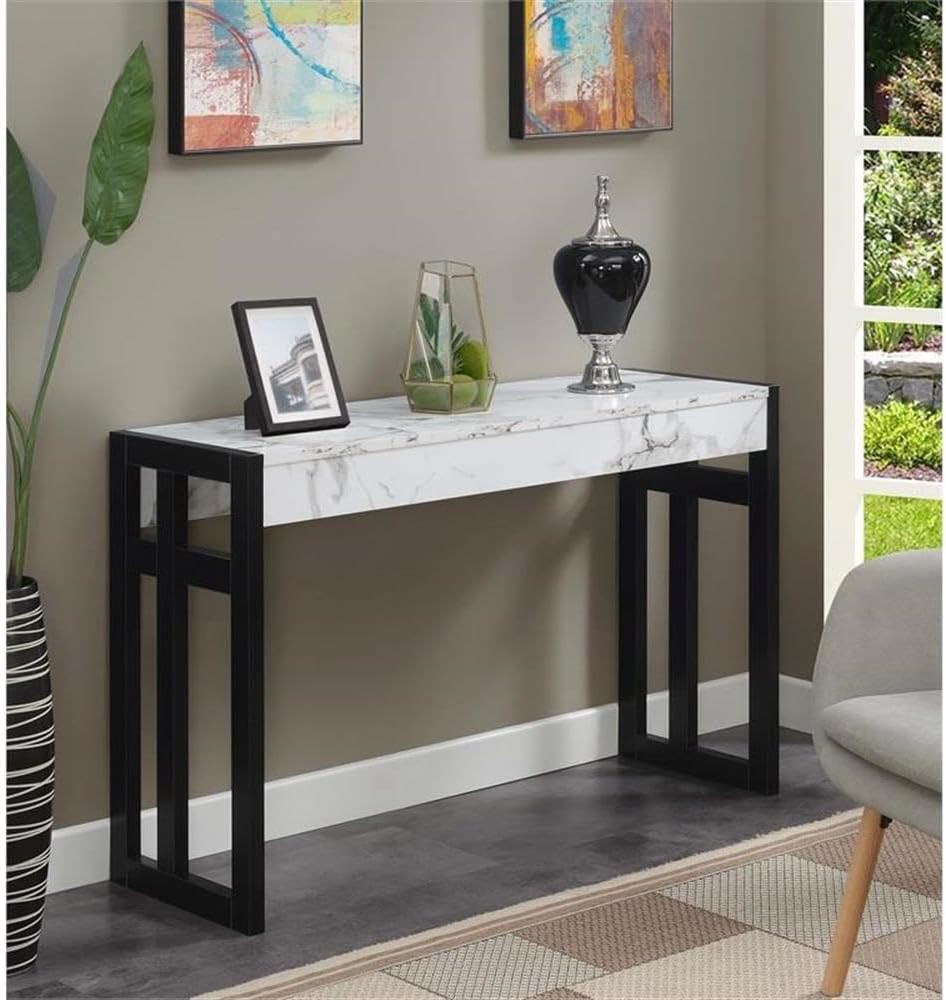 Pemberly Row Console Table, 49.5 in x 15.75 in x 30 in, Solid Wood and Particleboard, White Faux Marble Wood Finish, Black Wood Frame, Two Tiers, Modern Design for Home Decor or Office Use