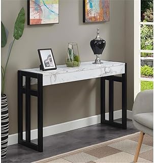 Pemberly Row Console Table, 49.5 in x 15.75 in x 30 in, Solid Wood and Particleboard, White Faux Marble Wood Finish, Black Wood Frame, Two Tiers, Modern Design for Home Decor or Office Use
