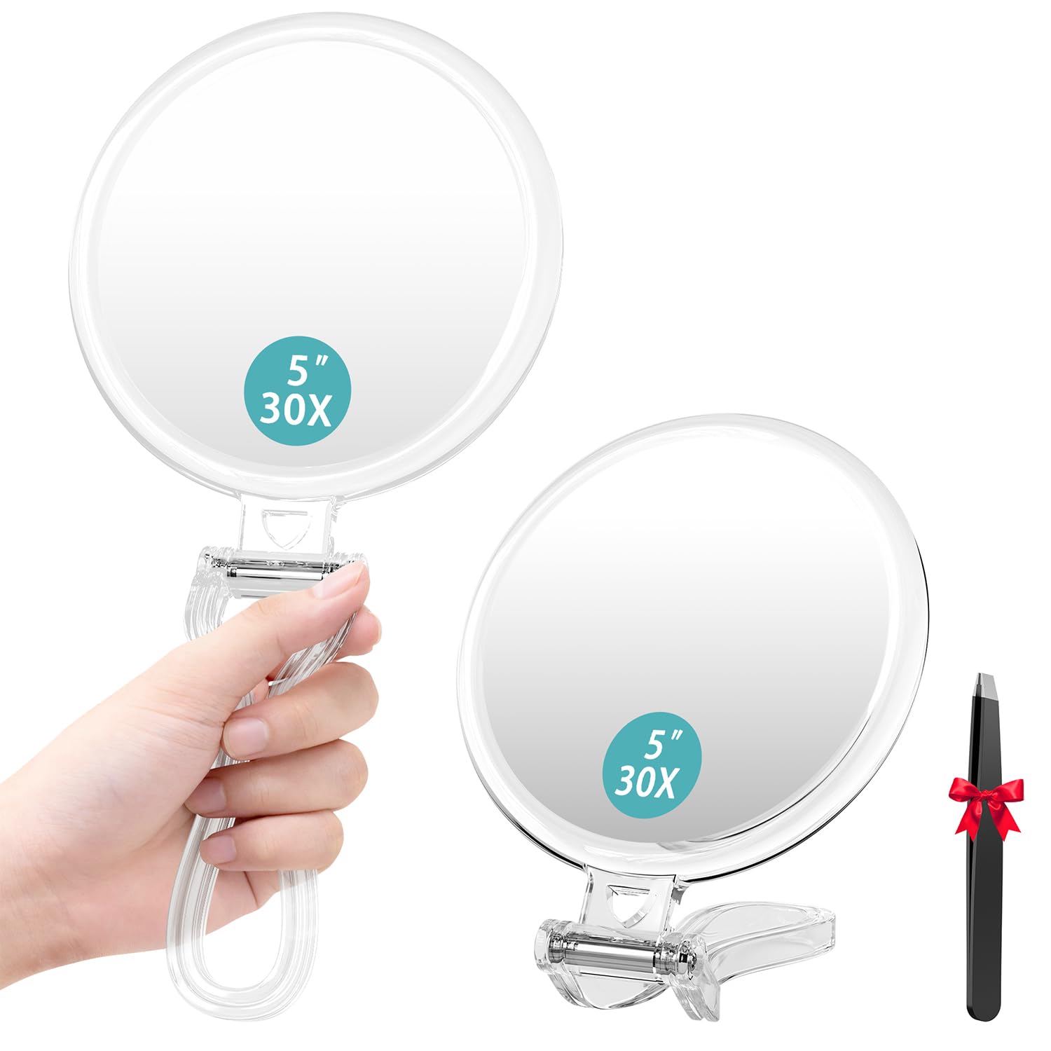 Specchio ingranditore 30X/5X, specchio a mano a doppia faccia, per trucco di precisione a 30 x e vista complessiva a 5x, specchio da viaggio portatile ingrandito con manico e supporto da tavolo
