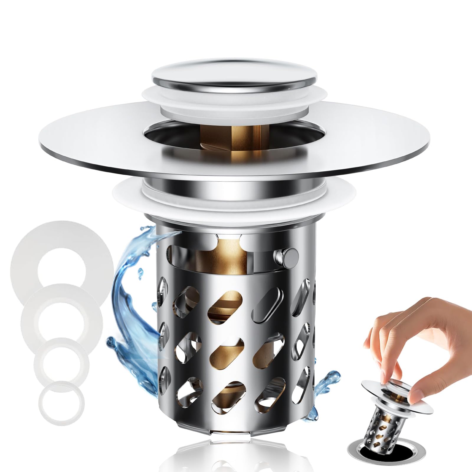 Bathroom Pop Up Sink Plug with Removable Stainless Steel Filter Basket