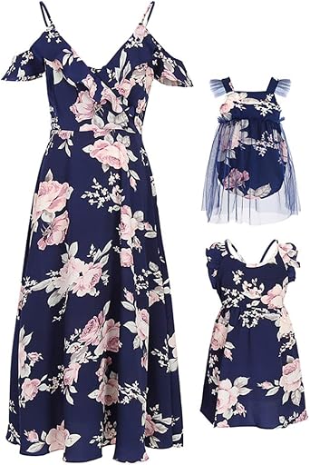 PopReal Mommy and Me فساتين الأزهار طباعة الكتف البارد كشكش حزام بدون ظهر Romper Beach Midi Dress Summer