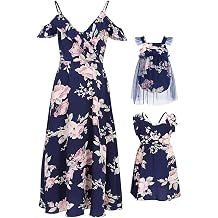 PopReal Mommy and Me Dresses Floral Print Cold Shoulder Ruffle Backless Strap Romper Beach Midi Dress Summer
