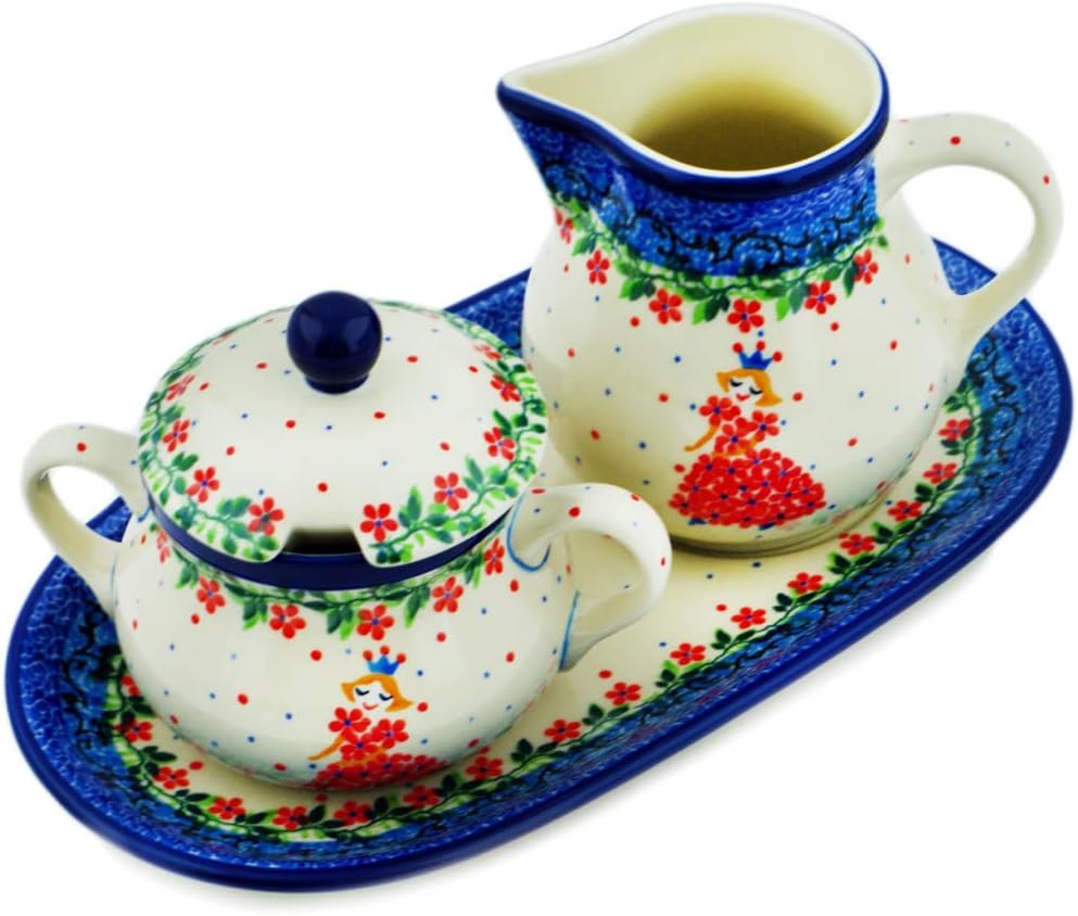 Polmedia Polish Pottery Sugar and Creamer Set - Princess In A Red Dress Pattern Handmade in Boleslawiec Poland by Ceramika Artystyczna + Certificate of Authenticity