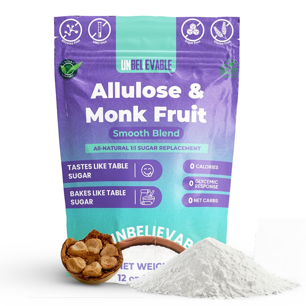 Unbelievable 12 Oz Natural Monk Fruit Sweetener with Allulose | 84+ servings | Smooth Blend Zero Calorie Sweetener for Baking & Beverages | Resealable Pouch & Zero Net Carbs