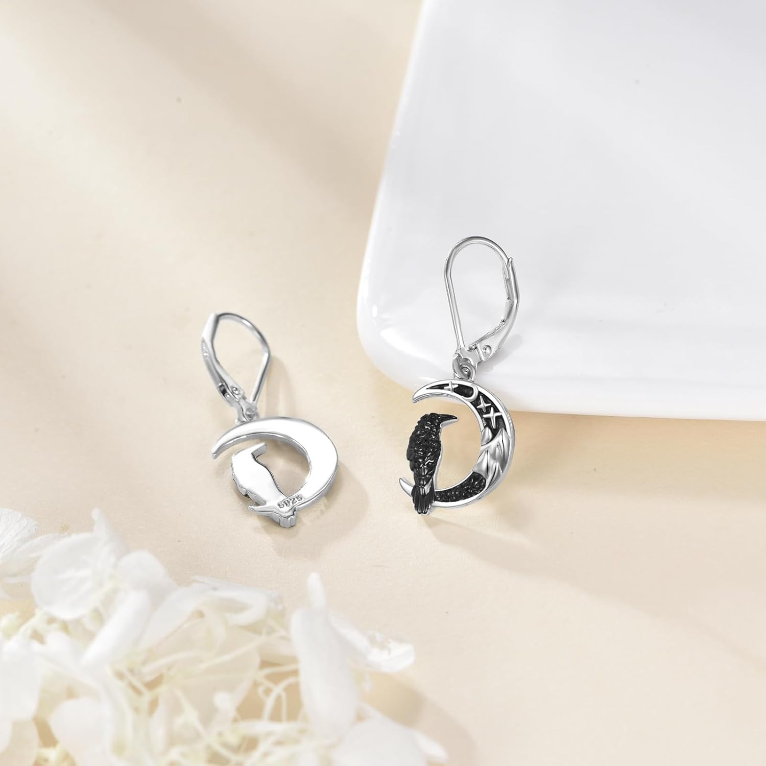 925 Sterling Silver Raven Crow Earrings Crescent Moon Witchy Halloween Jewelry Gifts for Women - Image 3