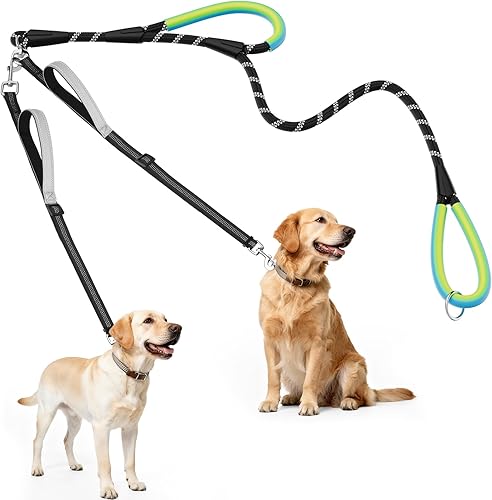 XiaZ Correa doble para perro para dos perros, sin enredos, con giro de 360 y 4 asas cómodas, correa doble resistente para perro con cuerda altamente