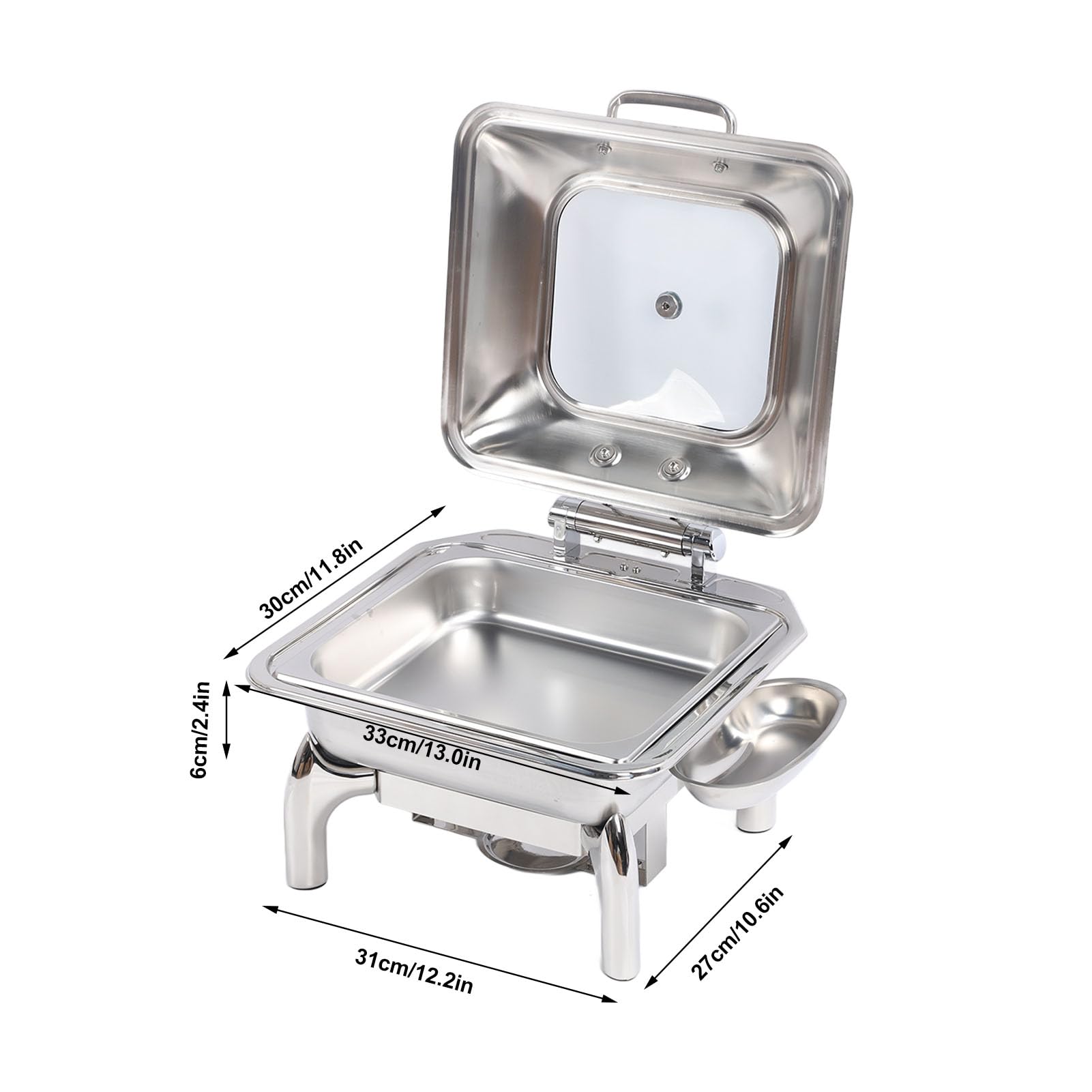 Juego de calentador de alimentos para catering con de frotamiento cuadrado de acero inoxidable de 6 litros con bandeja para alimentos y tapa de vidrio para servir buffet en