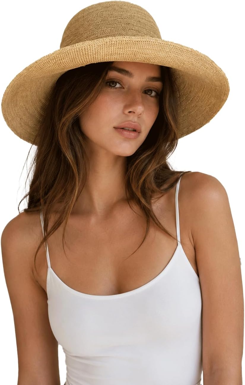 Natural Raffia Straw Bucket Hat for Women Sun Beach Handmade Raffia Woven Bucket Hat Foldable Summer Cap