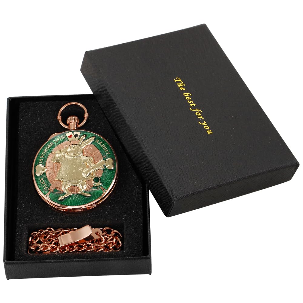 Tiong Orologio da taschino Alice nel paese delle meraviglie con carillon a manovella, con catena, regalo di compleanno e laurea
