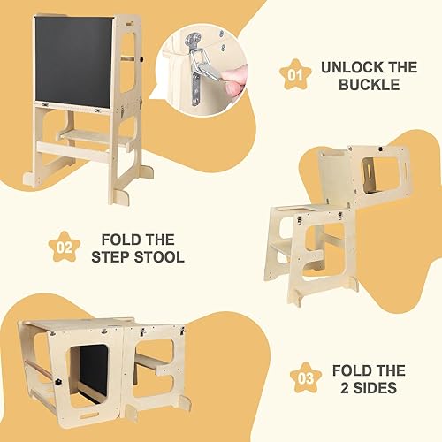 Miniatura 6 de Montessori - Escalón de cocina para niños con rieles de seguridad extraíbles, antideslizante para niños pequeños, taburete de madera natural