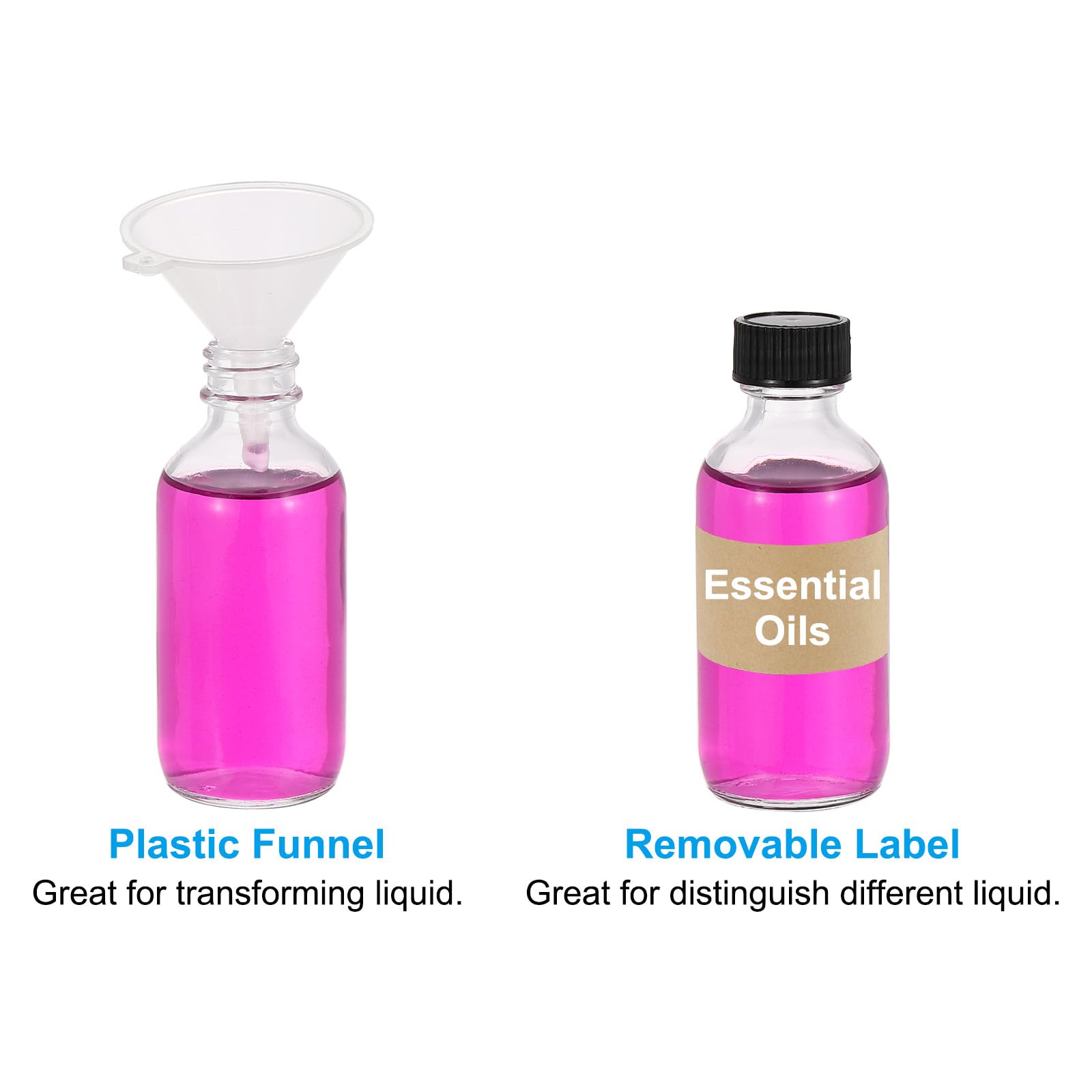 PATIKIL Frascos De Muestra De Vidrio De Onzas Piezas De Frascos Redondos Con Tapón Cónico Negro De Piezas De De Etiquetas Para Líquidos Jugo De Transparente 2 (60 ml), 30 Polietileno.